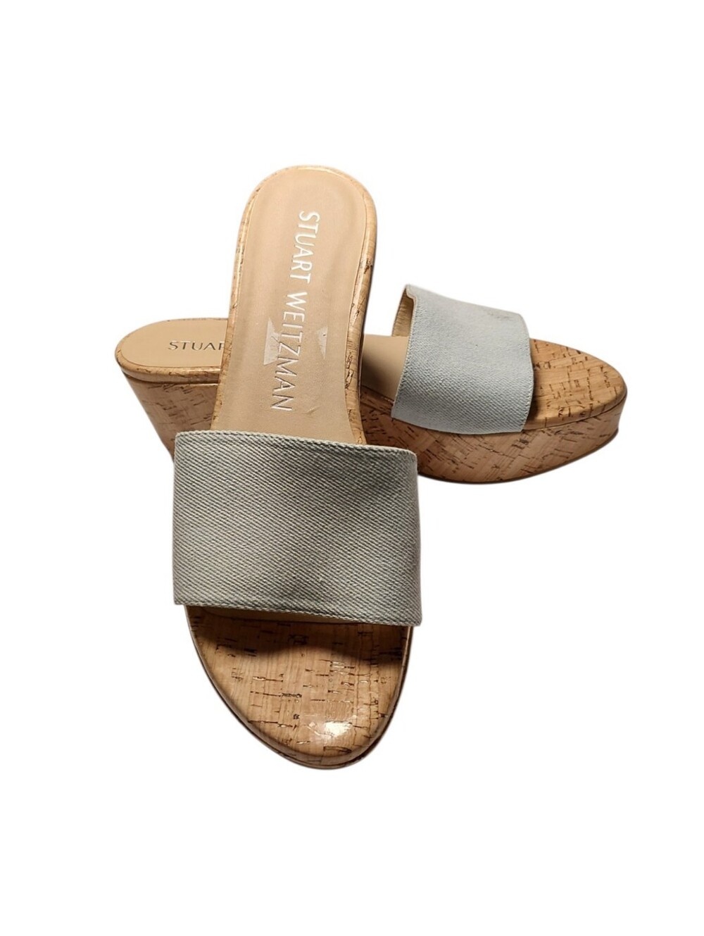 Stuart Weitzman Light Beige Fabric Cork Wedge Slides